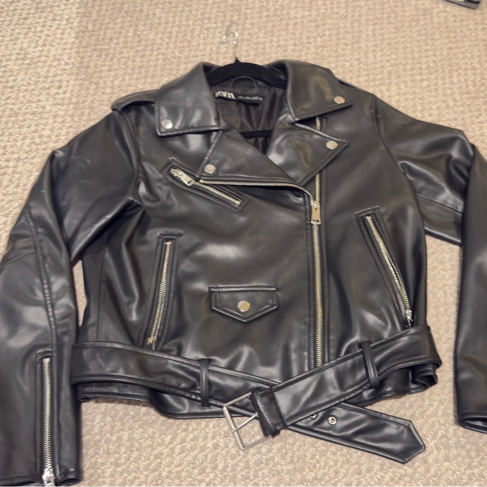Zara Black Faux Leather Biker Jacket with Zip and Belt Details